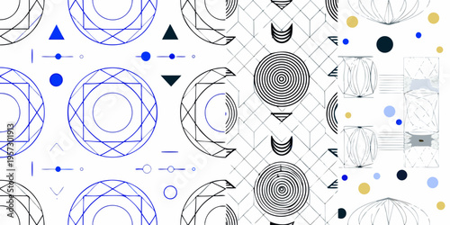 Abstract geometric pattern with blue lines shapes and scattered dots