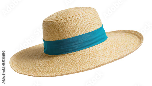 Elegant wide-brimmed straw sun hat with a stylish turquoise band for summer fashion