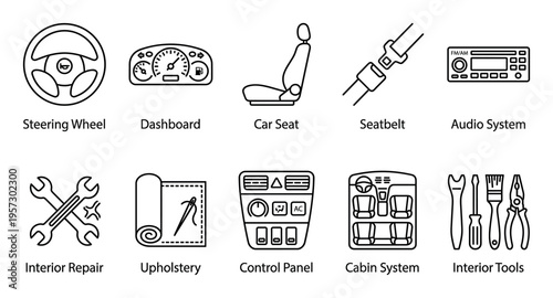A clean, modern icon set illustrating various car interior components and repair services with clear line art and a minimalist design aesthetic.