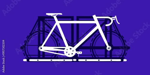 A white bicycle silhouette framed by a dark geometric window like structure