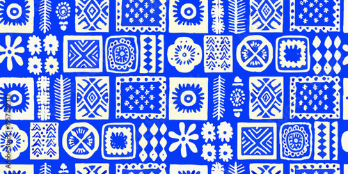 Intricate blue and white geometric patterns cover a seamless background