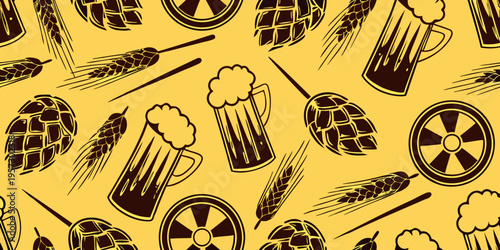Seamless pattern of beer ingredients hops barley and full mugs