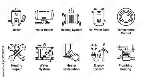 Set of clean line art icons depicting various heating and plumbing system components, including boilers, water heaters, radiators, and energy solutions.