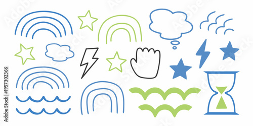 Colorful doodle set featuring rainbows stars clouds and various whimsical shapes