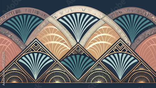Vibrant art deco pattern with geometric shapes and curves in pastel colors on dark background