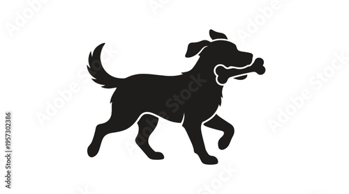 Playful black dog silhouette carrying a bone in its mouth, walking happily against a white background, representing pets and canine joy.