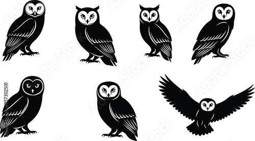 Owl silhouette collection set, flying and perched owl birds, nocturnal wildlife raptor icons, black animal vector illustrations isolated on background