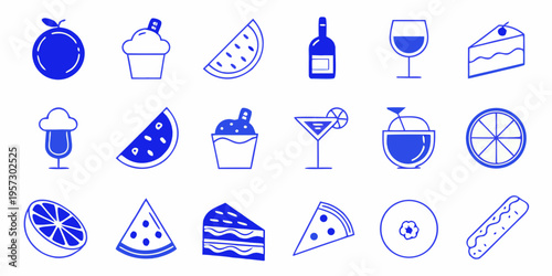 Collection of blue line art icons depicting various foods and drinks
