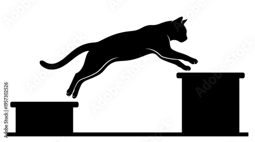 Agile cat silhouette in mid-leap, jumping between two platforms with grace and precision, showcasing balance and athleticism.