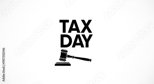 A minimalist vector graphic illustration of a gavel and the words TAX DAY in bold font