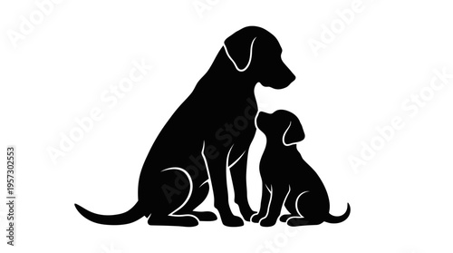Black silhouette of a large adult dog sitting attentively beside a small puppy, vector illustration, symbolizing family.