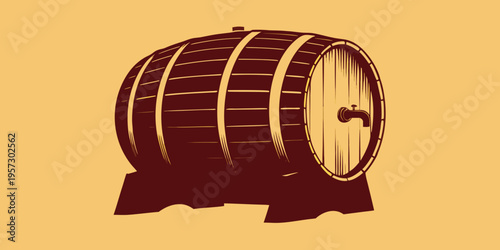 A vintage wooden barrel with metal bands and a dispensing tap
