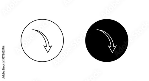 Arrow curve down outline icon. Decline direction symbol. Downward trend sign in black circle