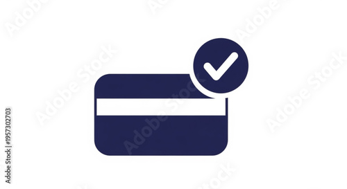 A vector graphic of a dark blue credit card with a white checkmark in a circle, symbolizing secure payment and approval.
