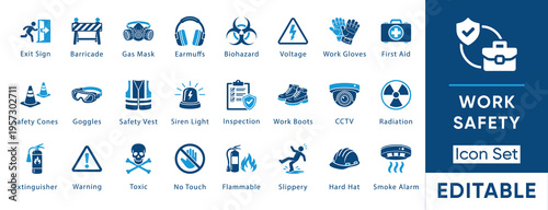 Work safety icon set. Containing hard hat, first aid kit, gas mask, emergency exit, biohazard, cctv, hazard and more. Solid vector icons collection.