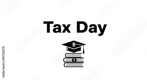 A minimalist vector graphic illustrating Tax Day with a graduation cap and books