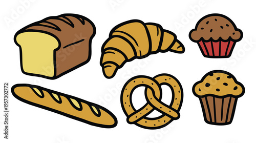 Delicious collection of freshly baked goods illustrations, including a bread loaf, baguette, croissant, pretzel, and sweet muffins