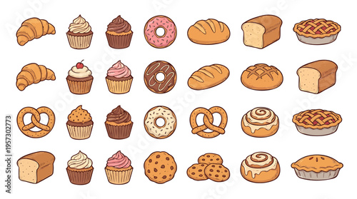 Illustrated Variety of Baked Goods and Sweet Pastries Donuts, Breads, Croissants, Cupcakes, and Pies Collection