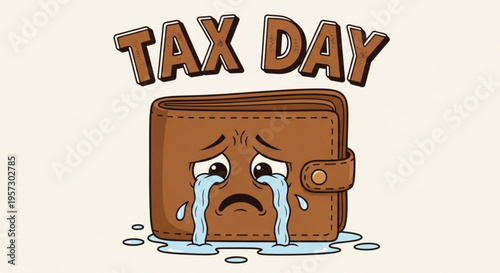 A cartoon wallet with a sad face crying on Tax Day, symbolizing financial stress and burden.