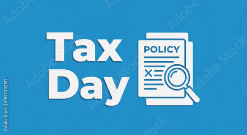 A vector graphic illustration of a tax policy document with a magnifying glass on Tax Day