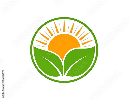 Circular logo, green leaves and a sun