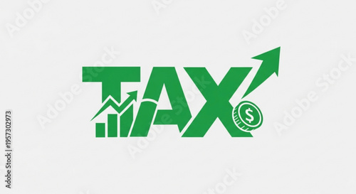 A green vector graphic illustration of the word TAX with a growing chart and dollar sign