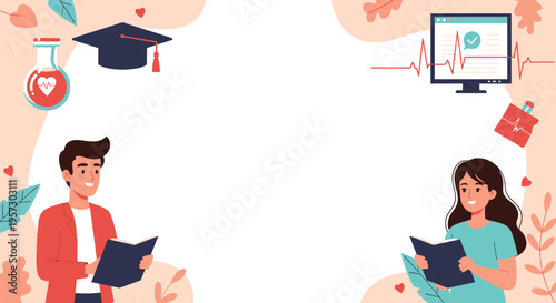 Diverse students learning about health and science with graduation cap, medical equipment, and books