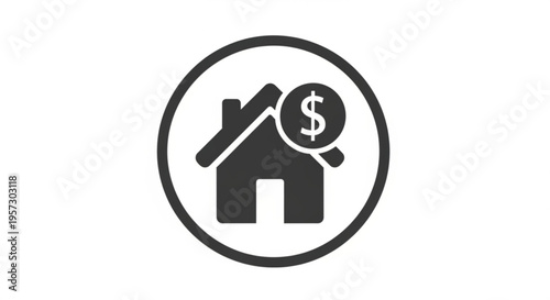 A minimalist vector icon of a house with a magnifying glass and dollar sign, symbolizing real estate investment and financial analysis.