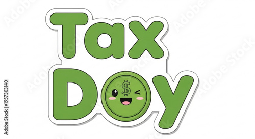 A cartoonish vector graphic illustration of a smiling coin replacing the 'o' in 'Tax Day' with a green and white color scheme