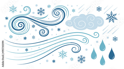 Dynamic weather icons with swirling wind snowflakes raindrops and cloud on white background