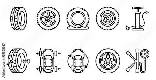 A collection of black and white line art icons depicting various car tire services, including inflation, repair, and alignment, useful for automotive themes.