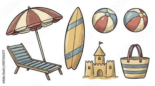 A vibrant collection of vintage hand-drawn illustrations showcasing essential summer beach and vacation items, perfect for holiday designs and travel themes