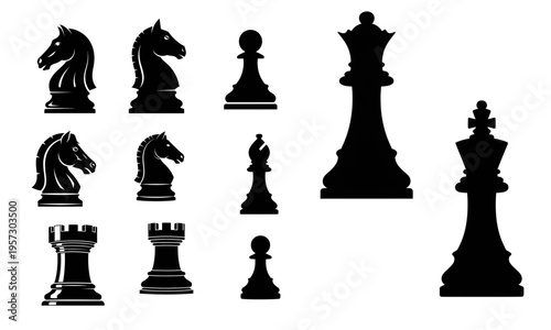 Minimalist Black Chess Piece Silhouette Vector Set - Professional Strategic Icons for Business Leadership, Tactical Planning, and Corporate Management Concepts (Isolated on Transparent Background)
