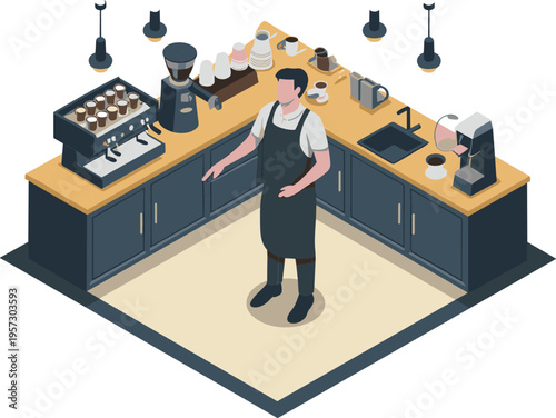 Barista working in modern coffee shop preparing espresso drinks with professional equipment cups grinder and cafe counter interior scene