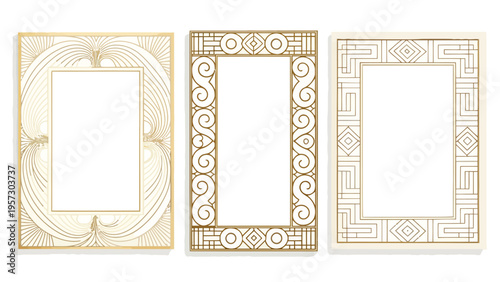 Elegant gold frames with simplified scroll patterns and geometric designs for photos or artwork