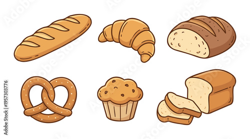 Charming illustrations of various baked goods baguette, croissant, bread, muffin, pretzel. Ideal for bakery, breakfast, and food designs