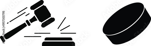 Black and white illustration of gavel and sound block