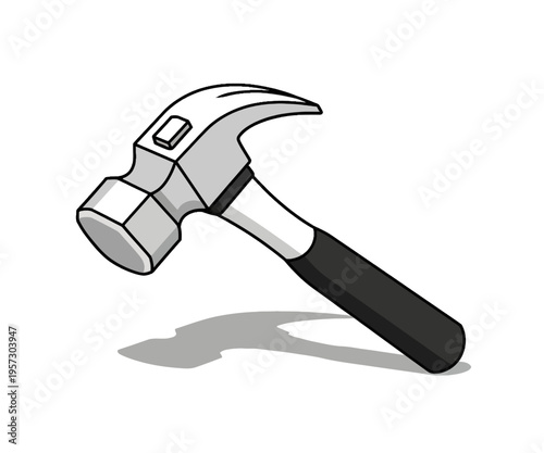 A detailed illustration of a claw hammer with a black handle and a grey head, casting a shadow.