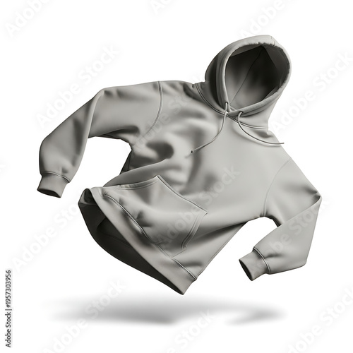 Grey hoodie with drawstring and pockets floating in air