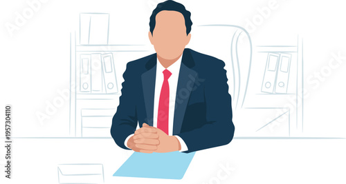 businessman office illustration, corporate professional sitting at desk, leadership concept, executive manager character, modern business workspace, vector design