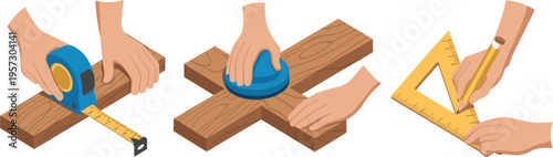 Carpentry tools and measuring process with hands using tape measure sander and ruler marking wood pieces in isometric illustration set
