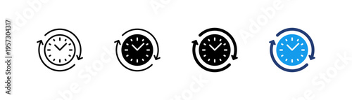 Clockwise time icon set. Clock with refresh circular arrows and time symbols for update, schedule time management, history, recent updates, pending time, and backup symbols. web vector icons
