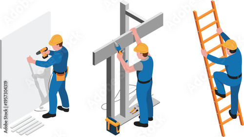 Construction workers installing structure drilling wall assembling frame and climbing ladder performing building tasks in isometric illustration set