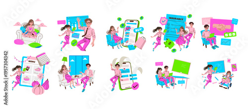 Young Professionals Engaging with Technology Vector Illustration