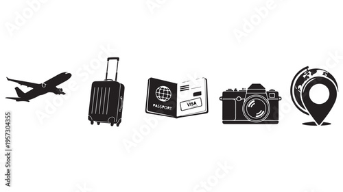 Travel Icons Set Including Airplane, Luggage, Passport, Camera, and Map Pin on White Background For Travel and Tourism Concepts