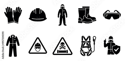 A collection of black and white icons representing essential safety gear and hazard warnings for industrial or hazardous environments.