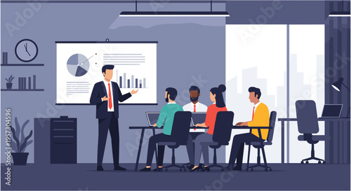 Businessman presenting to diverse team in modern office with projector screen in bright corporate lighting for business presentation