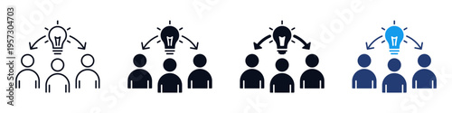Teamwork and idea sharing icons set with people and light bulb symbol representing collaboration, brain strategy and creative thinking. web vector icons