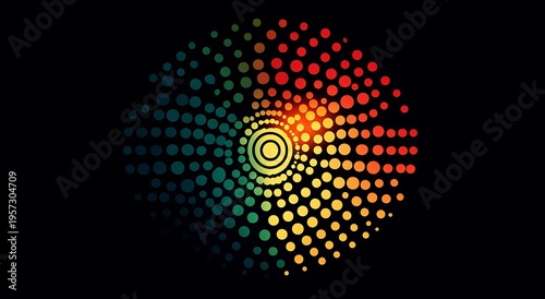 Colorful abstract radial pattern of dots on black background blue