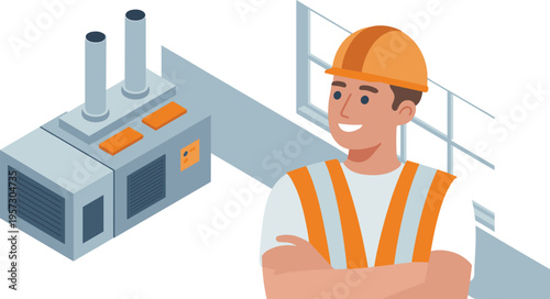 Industrial worker wearing safety helmet standing near factory equipment smiling confidently in modern production facility environment illustration scene